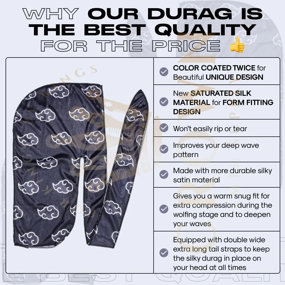 Silky Deluxe Anime Durag with Long Wide Tails - Satin Smooth Du Rag Fabric for Comfort Compression