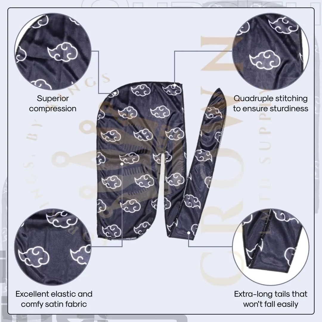Silky Deluxe Anime Durag with Long Wide Tails - Satin Smooth Du Rag Fabric for Comfort Compression