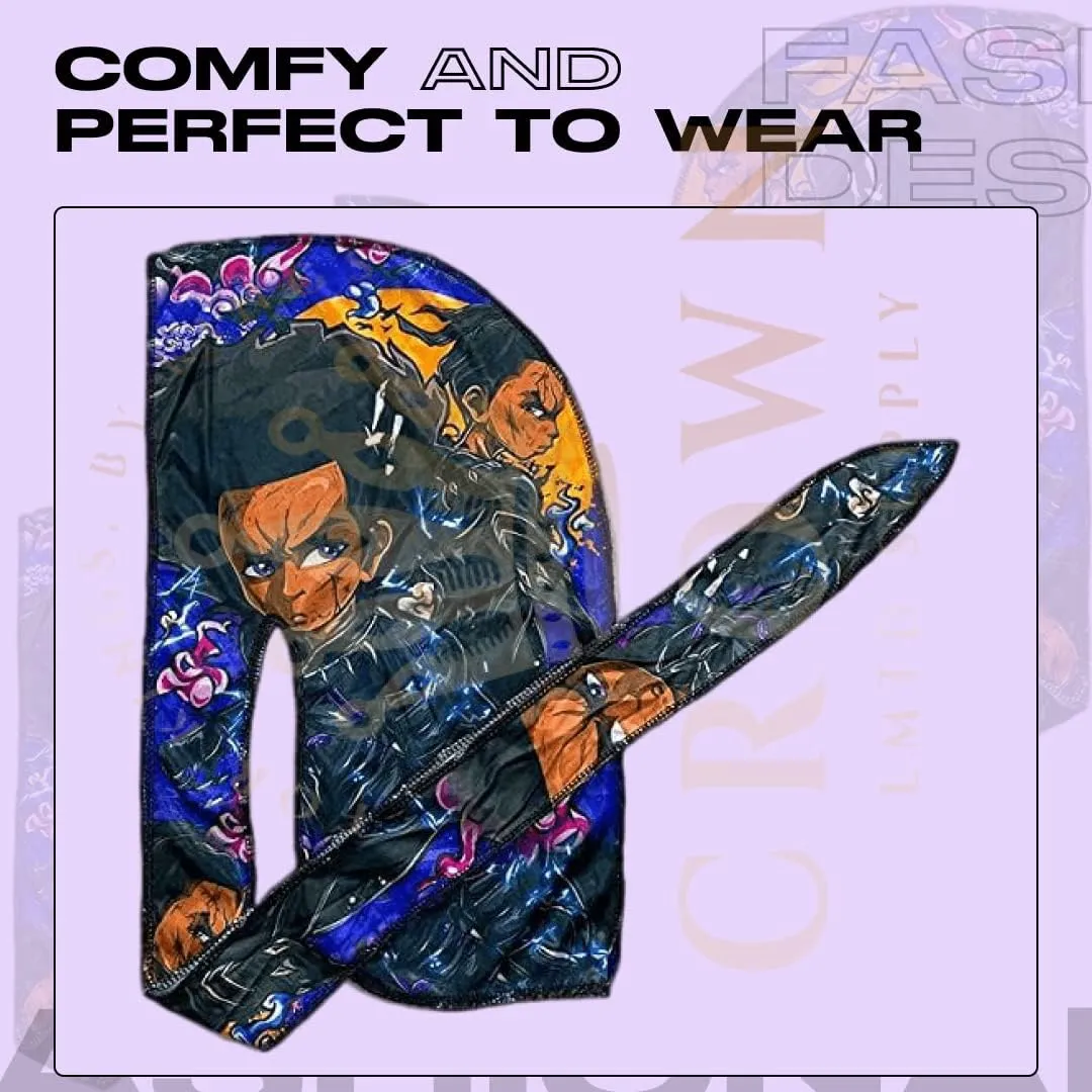 Silky Deluxe Anime Durag with Long Wide Tails - Satin Smooth Du Rag Fabric for Comfort Compression