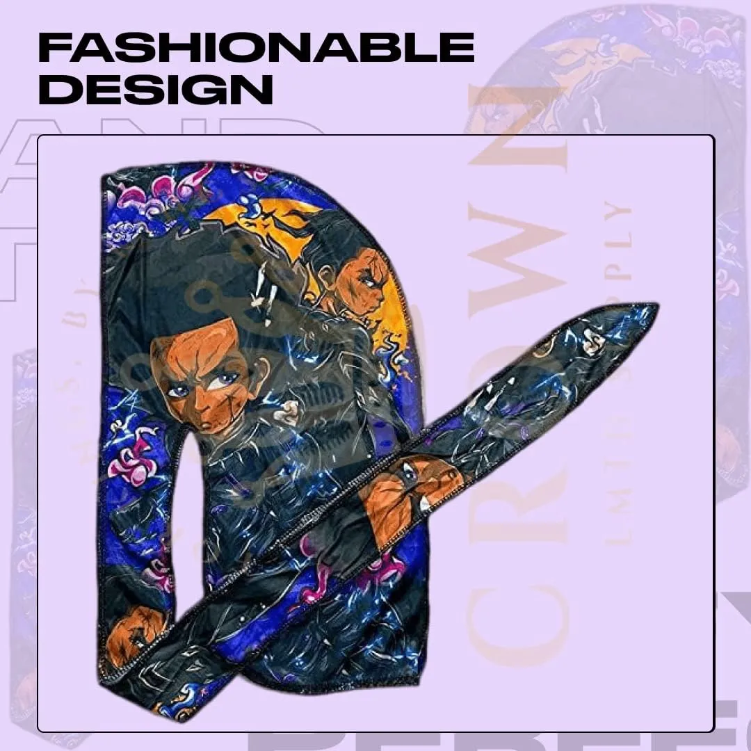 Silky Deluxe Anime Durag with Long Wide Tails - Satin Smooth Du Rag Fabric for Comfort Compression
