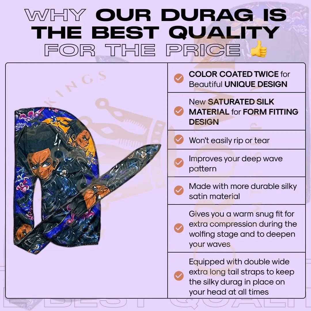 Silky Deluxe Anime Durag with Long Wide Tails - Satin Smooth Du Rag Fabric for Comfort Compression