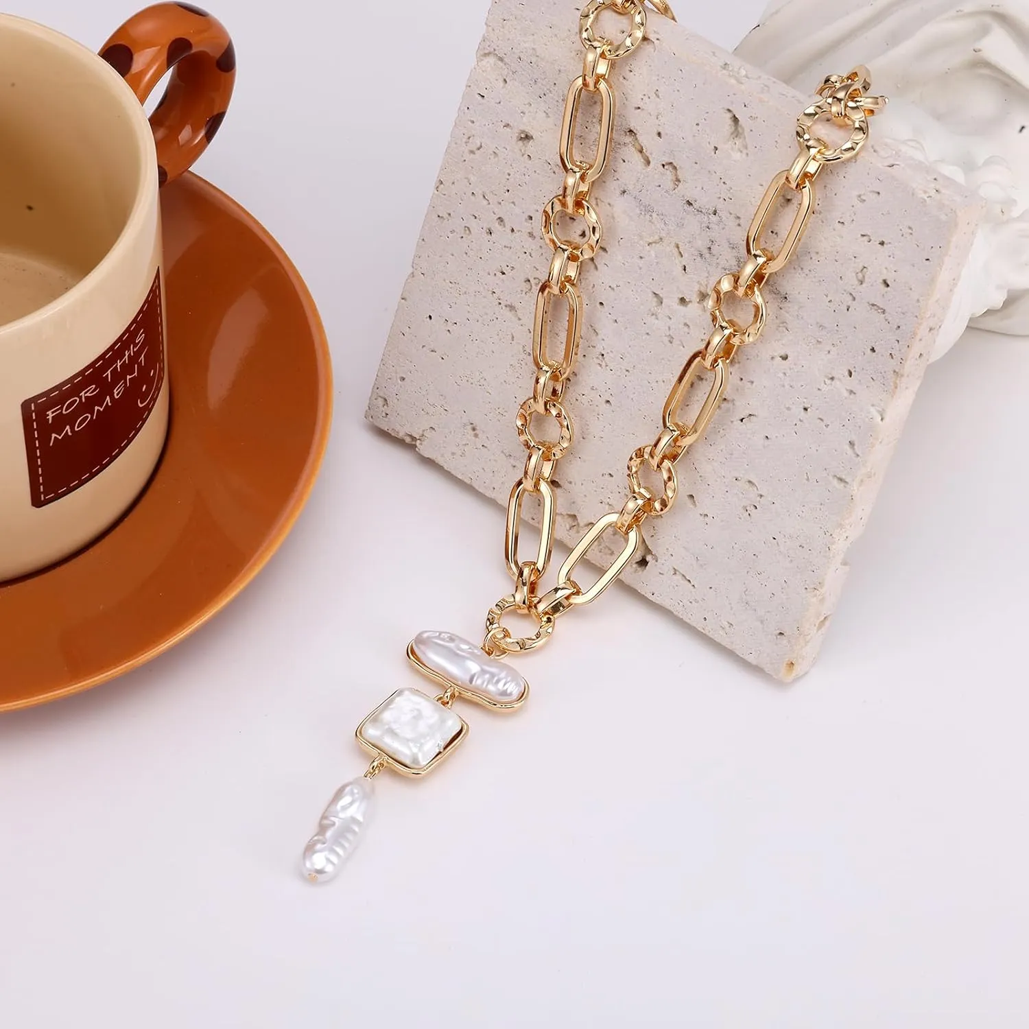 Statement Pearl and Chain Necklace,Mixed Chain and Trendy Organic Pearl Choker,Chunky Necklaces for Women