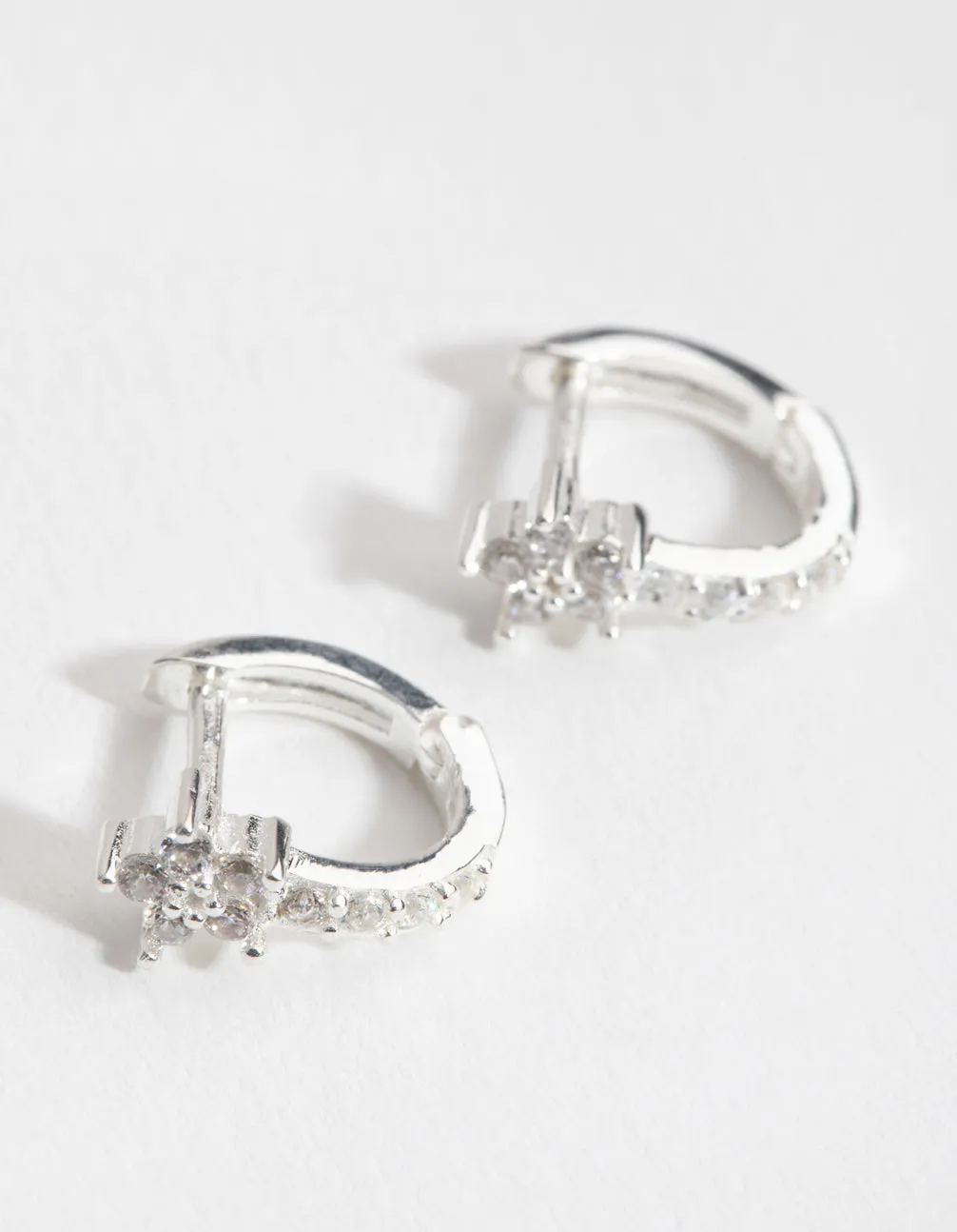 Sterling Silver Cubic Zirconia Flower Huggie Earrings