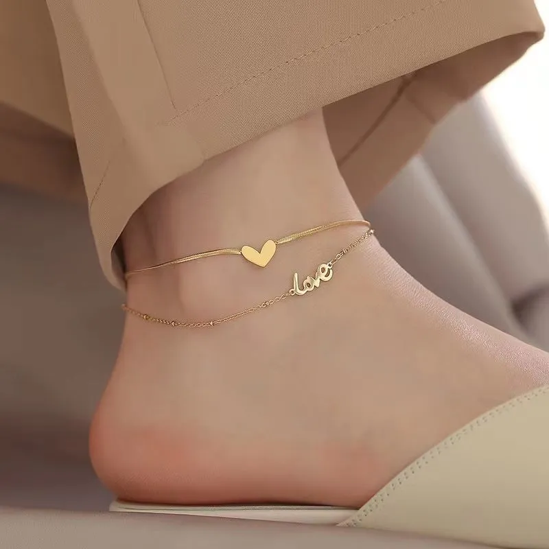Titanium Steel Double-layer Heart-shaped Ankle Chain