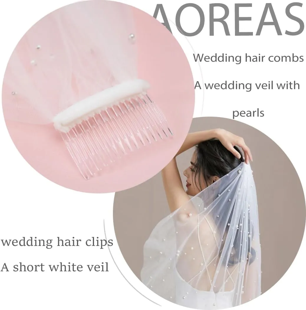 White Short Wedding Veil Pearl Rhinestone Bride Veils Bridal Veils Bachelorette Party Veil for Brides and Women