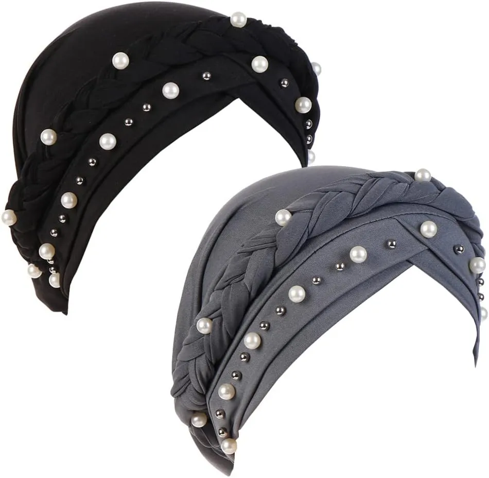Women Hijab Beading Pearl Braid Turban Hat Head Scarf Cancer Chemo Beanies Bandana Headwrap Cap