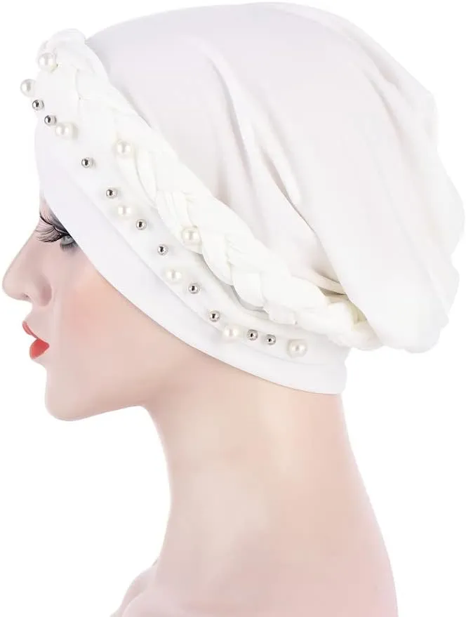 Women Hijab Beading Pearl Braid Turban Hat Head Scarf Cancer Chemo Beanies Bandana Headwrap Cap