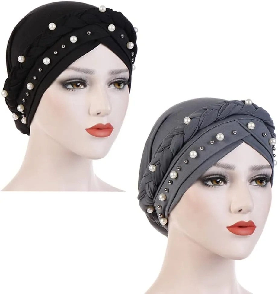 Women Hijab Beading Pearl Braid Turban Hat Head Scarf Cancer Chemo Beanies Bandana Headwrap Cap