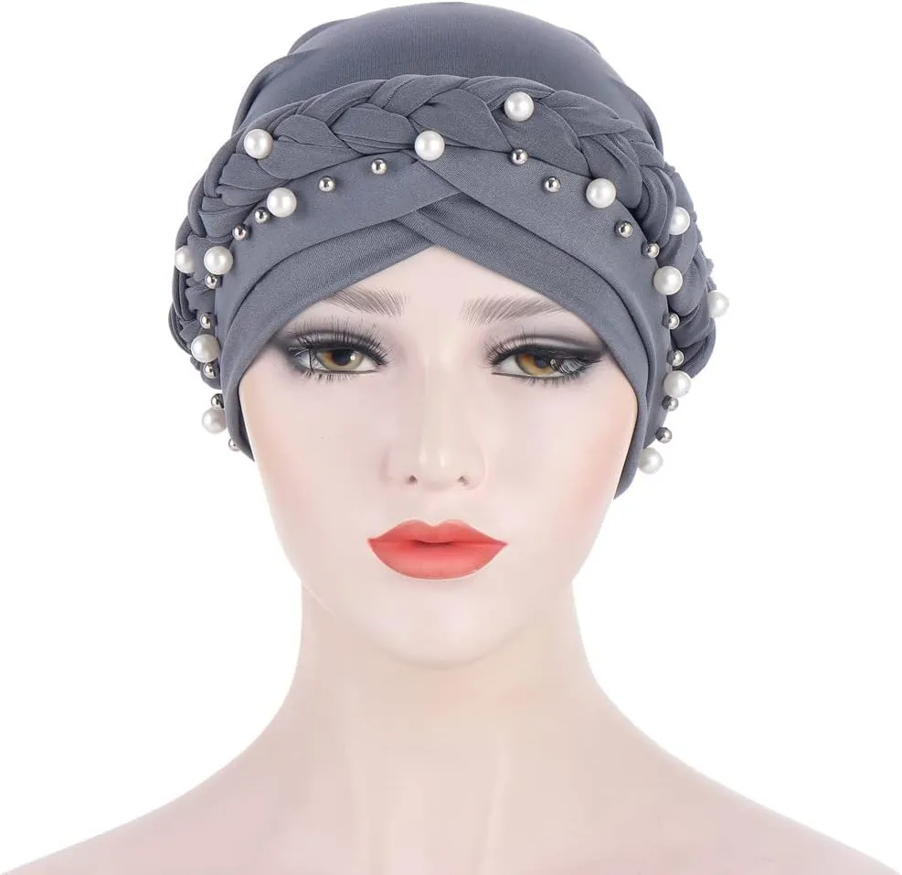 Women Hijab Beading Pearl Braid Turban Hat Head Scarf Cancer Chemo Beanies Bandana Headwrap Cap
