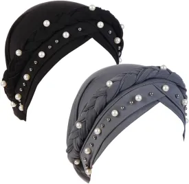 Women Hijab Beading Pearl Braid Turban Hat Head Scarf Cancer Chemo Beanies Bandana Headwrap Cap