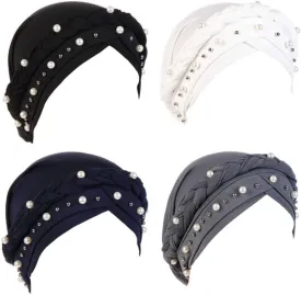 Women Hijab Beading Pearl Braid Turban Hat Head Scarf Cancer Chemo Beanies Bandana Headwrap Cap