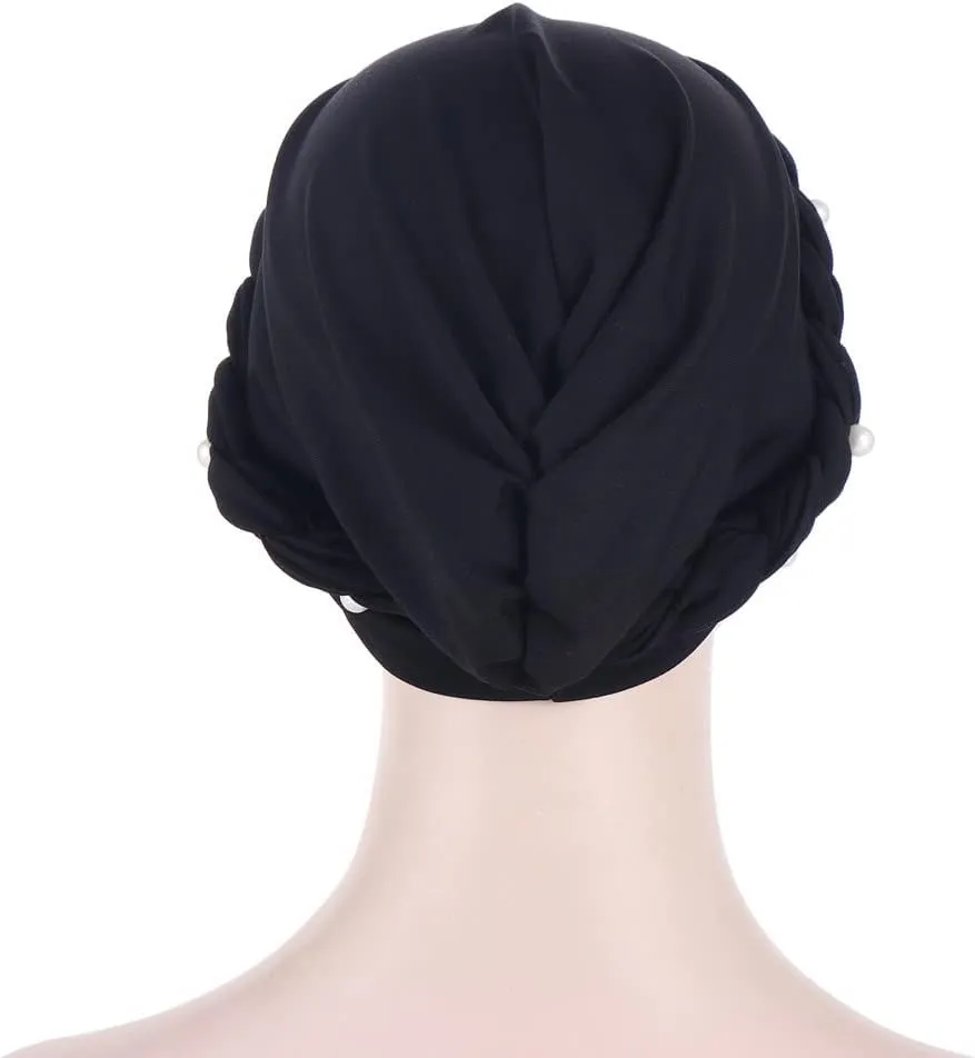 Women Hijab Beading Pearl Braid Turban Hat Head Scarf Cancer Chemo Beanies Bandana Headwrap Cap
