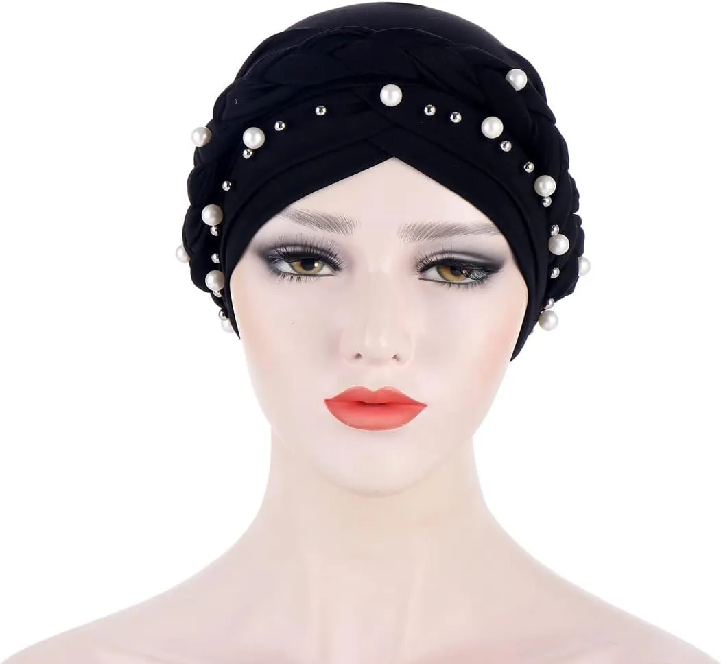 Women Hijab Beading Pearl Braid Turban Hat Head Scarf Cancer Chemo Beanies Bandana Headwrap Cap
