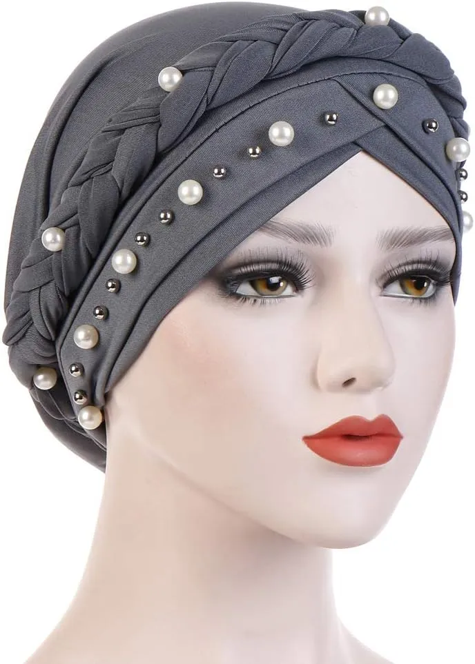 Women Hijab Beading Pearl Braid Turban Hat Head Scarf Cancer Chemo Beanies Bandana Headwrap Cap