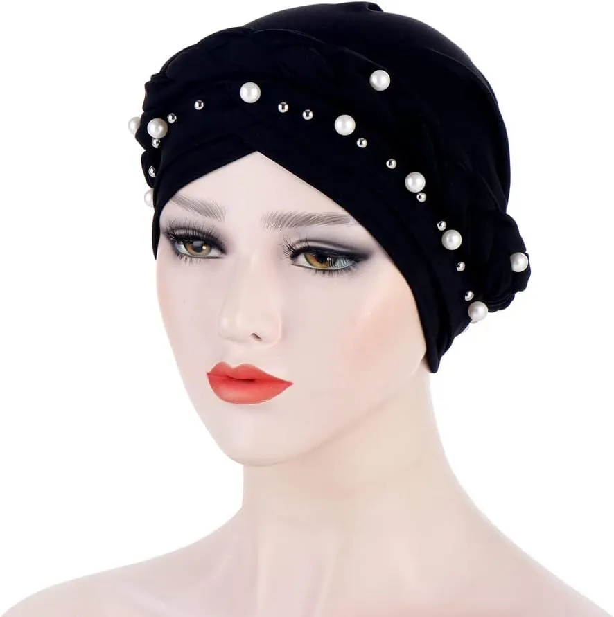 Women Hijab Beading Pearl Braid Turban Hat Head Scarf Cancer Chemo Beanies Bandana Headwrap Cap